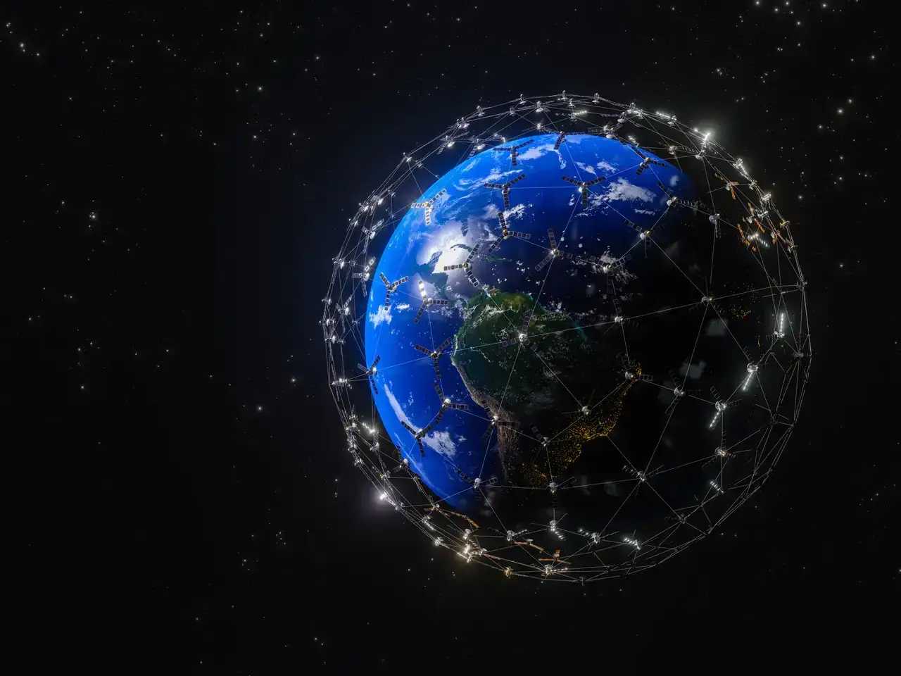 Ziemia otoczona siecią satelitów Starlink. Wiele pozytywnych starlink opinie potwierdza globalny zasięg tej technologii.