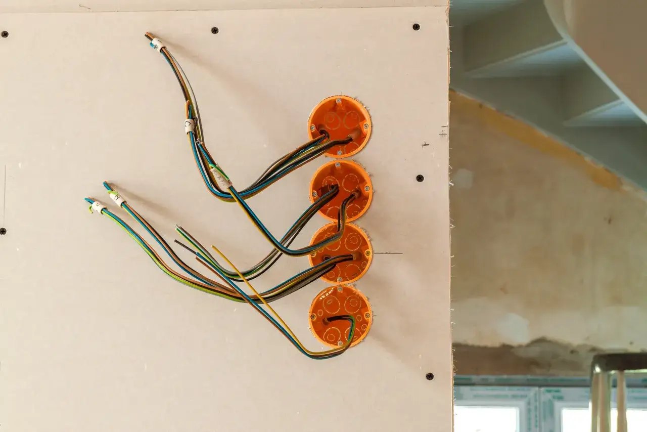 Instalacja elektryczna w trakcie prac. Widoczne puszki podtynkowe i przewody WLZ.