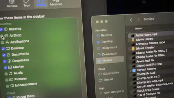 Widok okna Findera z zaznaczonym AirDrop w menu bocznym. Obok okno z plikami w folderze "Movies".