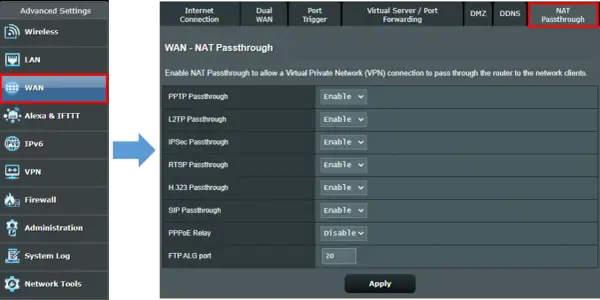 Ustawienia routera: sekcja WAN - NAT Passthrough, opcja PPPoE Relay ustawiona na "Disable".