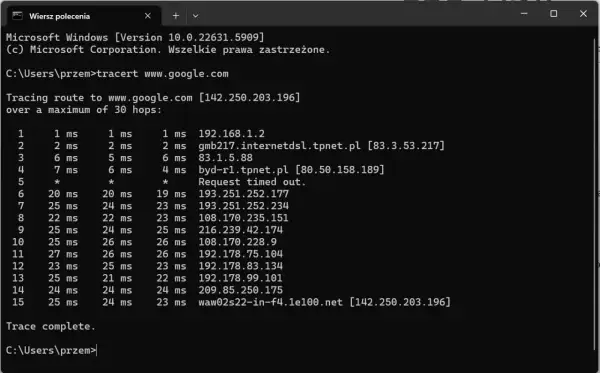 Wynik polecenia tracert do www.google.com, pokazujący trasę pakietów przez kolejne routery i czasy odpowiedzi.