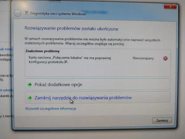 Karta sieciowa Ethernet nie ma poprawnej konfiguracji protokołu IP. Narzędzie diagnostyczne systemu Windows wykryło problem.
