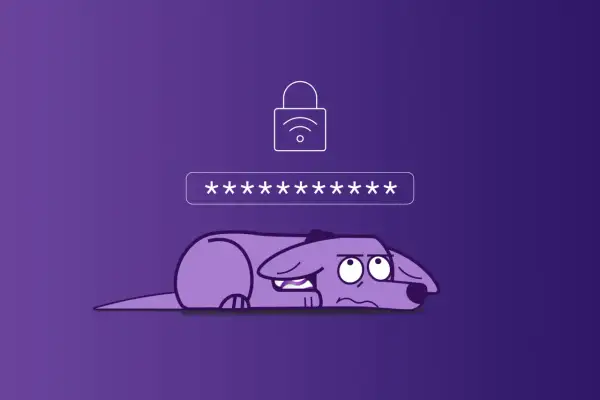 Smutny piesek próbuje zapamiętać klucz zabezpieczeń sieciowych. Widoczny symbol kłódki z sygnałem Wi-Fi i pole z gwiazdkami.