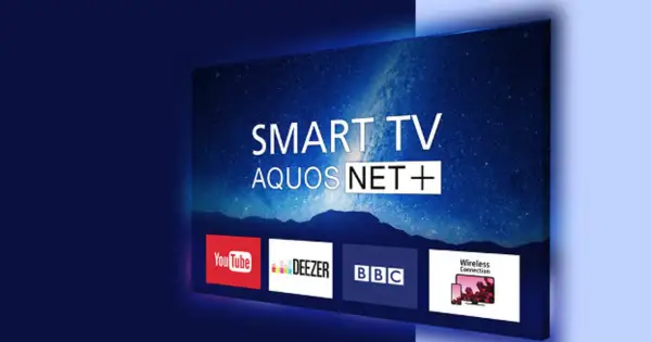 Telewizor marki japońskich telewizorów z ekranem Smart TV, wyświetlający gwiazdy i aplikacje: YouTube, Deezer, BBC, Wireless Connection.