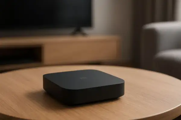 Czarna przystawka smart TV na drewnianym stoliku. Zastanawiasz się, jaką przystawkę smart TV wybrać?