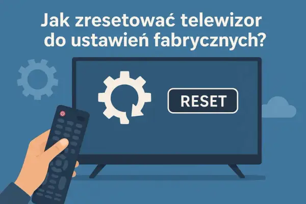 Instrukcja: jak zresetować telewizor Samsung do ustawień fabrycznych. Pilot w dłoni, ekran z ikoną resetu i koła zębate.