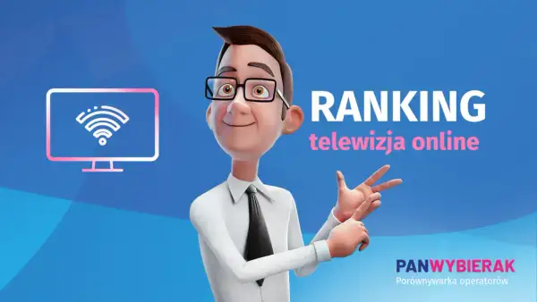 Wesoły mężczyzna prezentuje ranking telewizji internetowej. Ikona telewizora z sygnałem Wi-Fi.