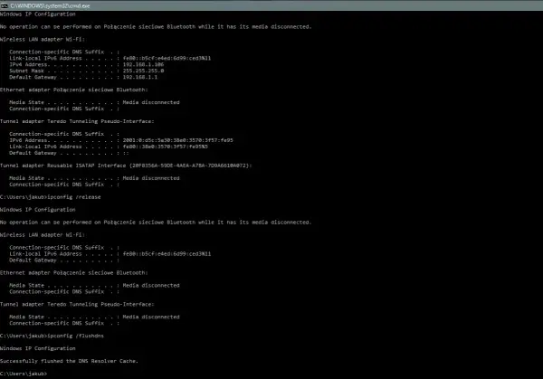 Wyniki polecenia ipconfig pokazują konfigurację sieciową, w tym adresy IP dla Wi-Fi i tuneli.
