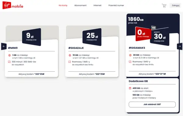Oferty Virgin Mobile: najtańszy internet na kartę. Pakiet #MINI9 za 9 zł/miesiąc, #GIGADAJE za 25 zł/miesiąc, #GIGAMAKS za 0 zł przez miesiąc, potem 30 zł.
