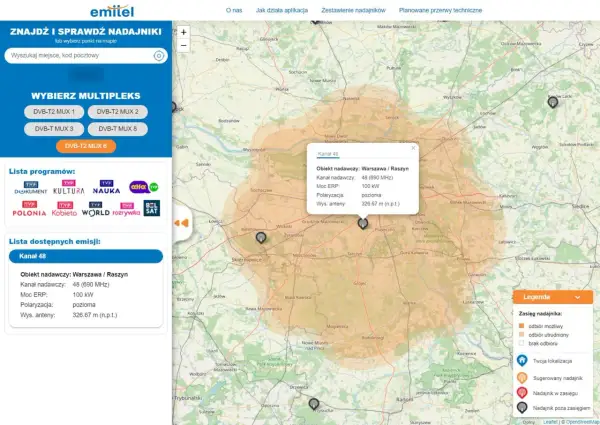 Mapa pokazuje zasięg nadajników tv naziemnej w okolicach Warszawy. Widoczne są multipleksy DVB-T2 MUX 1-3, 6, 8.
