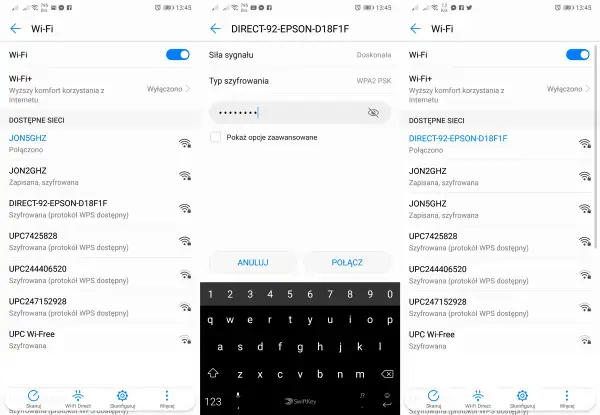 Ekran telefonu z listą sieci Wi-Fi i klawiaturą. Możliwe drukowanie z telefonu po połączeniu z siecią.