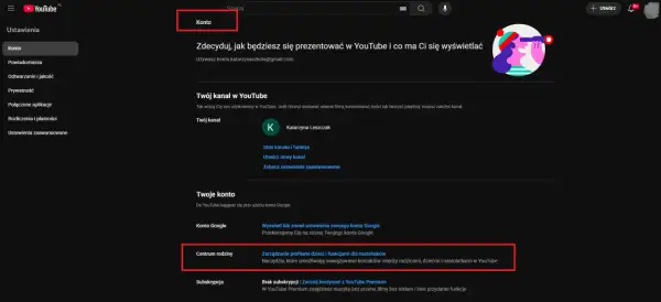 Ustawienia konta YouTube, gdzie można zarządzać profilem i ustawieniami rodzinnymi, co jest pomocne, jak zablokować YouTube na telewizorze.