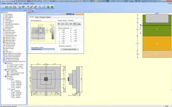 Program do projektowania fundamentów. Widok 3D i przekroje fundamentu, parametry techniczne i warunki gruntowe.