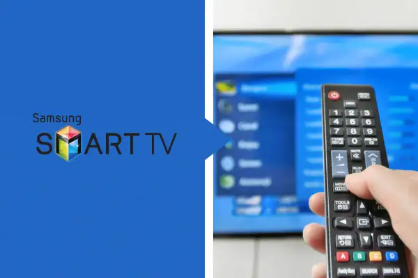 Ręka trzyma pilota do telewizora Samsung Smart TV, sterując menu na ekranie.