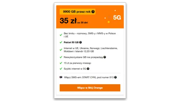 Orange free na kartę: 9900 GB na rok, 35 zł/30 dni, pakiet 50 GB, szybki internet 5G.