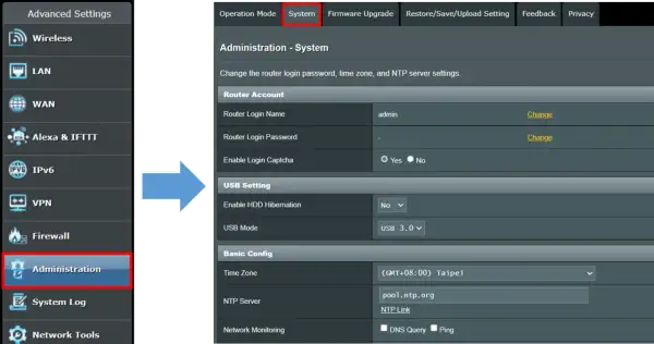 Panel administracyjny routera, zakładka "System". Tu zmienisz hasło, by zalogować się do routera, strefę czasową i serwer NTP.
