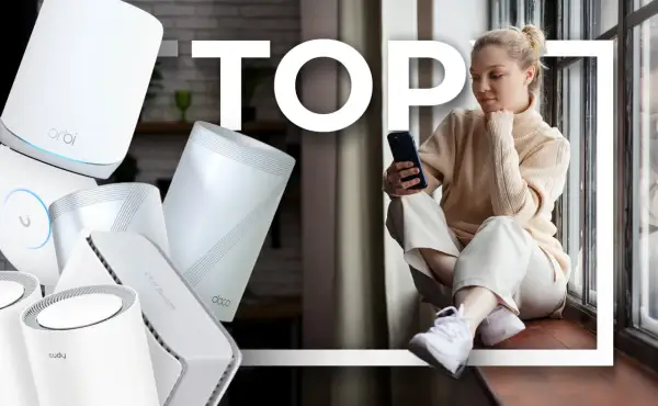 Dowiedz się, wifi mesh co to jest. Zobacz nowoczesne routery i kobietę korzystającą z telefonu.