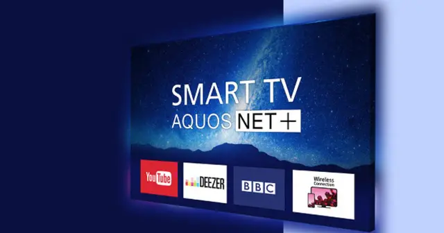Telewizor marki japońskich telewizorów z ekranem Smart TV, wyświetlający gwiazdy i aplikacje: YouTube, Deezer, BBC, Wireless Connection.
